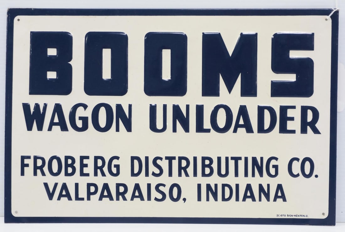 Booms Wagon Unloader sign: 17.5"x11.5" SST embossed Booms Wagon Unloader sign, marked Scioto - Very Good