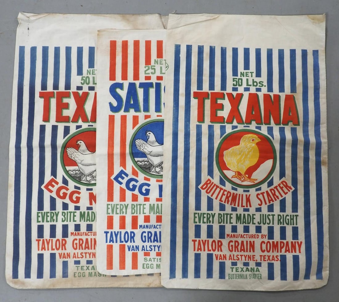 (3) Taylor Grain Co. cloth egg mash bags: (3) Taylor Grain Co., Van Alstyne, TX cloth egg mash bags: (2) Texana 50-lb / (1) Satis-Fi 25-lb