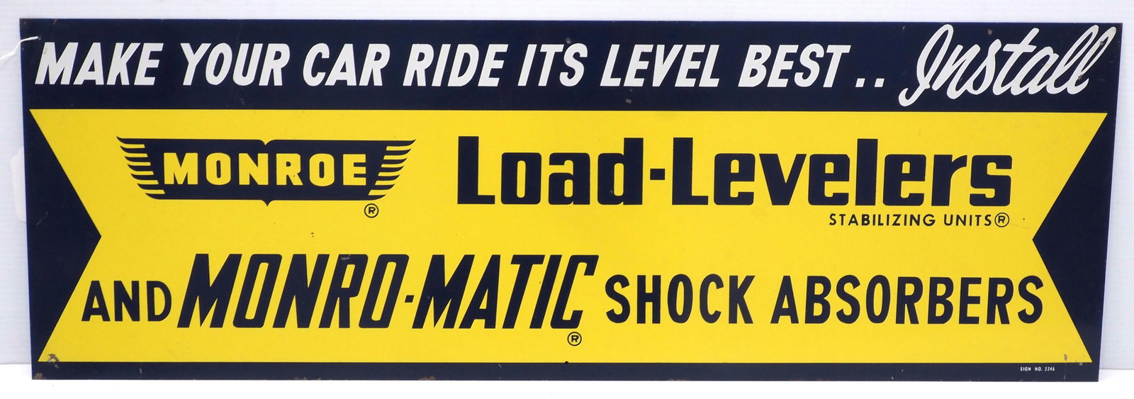 Monroe Load Levelers sign: 36"x12" SST Monroe Load Levelers and Monro-Matic Shock Absorbers sign, marked Sign No.2246 - Good