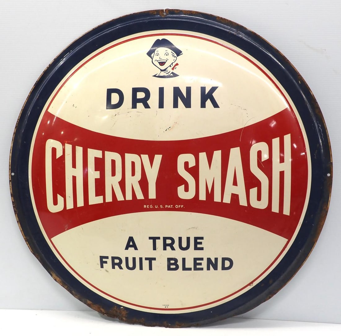 Drink Cherry Smash sign: 36"dia. SST convex Drink Cherry Smash sign, marked A-M 6-53 - Good, some scratches & rust around edges