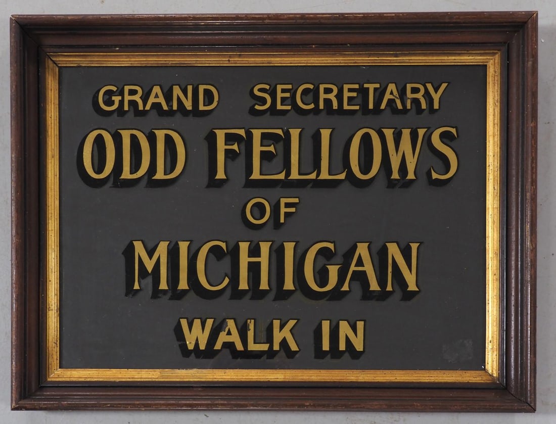 Framed glass Grand Secretary sign: Framed glass Grand Secretary, Odd Fellows of Michigan sign, wood frame measures 26"x19.5" - Good