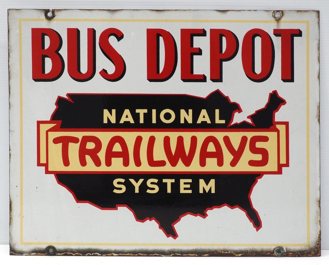 National Trailways System Bus Depot sign: 22"x18.25" DSP National Trailways System Bus Depot sign, marked Burdick - Good with rough bottom edge