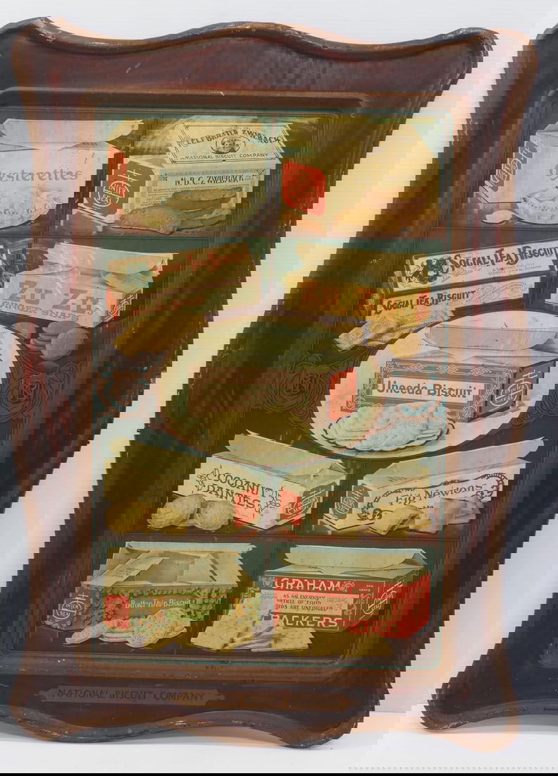 National Biscuit Company advertising sign: 28"x39" pressed tin National Biscuit Company, Inner Seal Cracker & Biscuit advertising sign - Fair