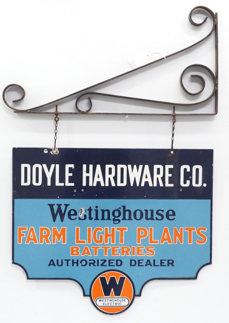Westinghouse Farm Light Plants dealer sign: 24"x20" DSP Westinghouse Farm Light Plants dealer sign for Doyle Hardware Co., with wall-mount hanger - Very Good with some porcelain chips