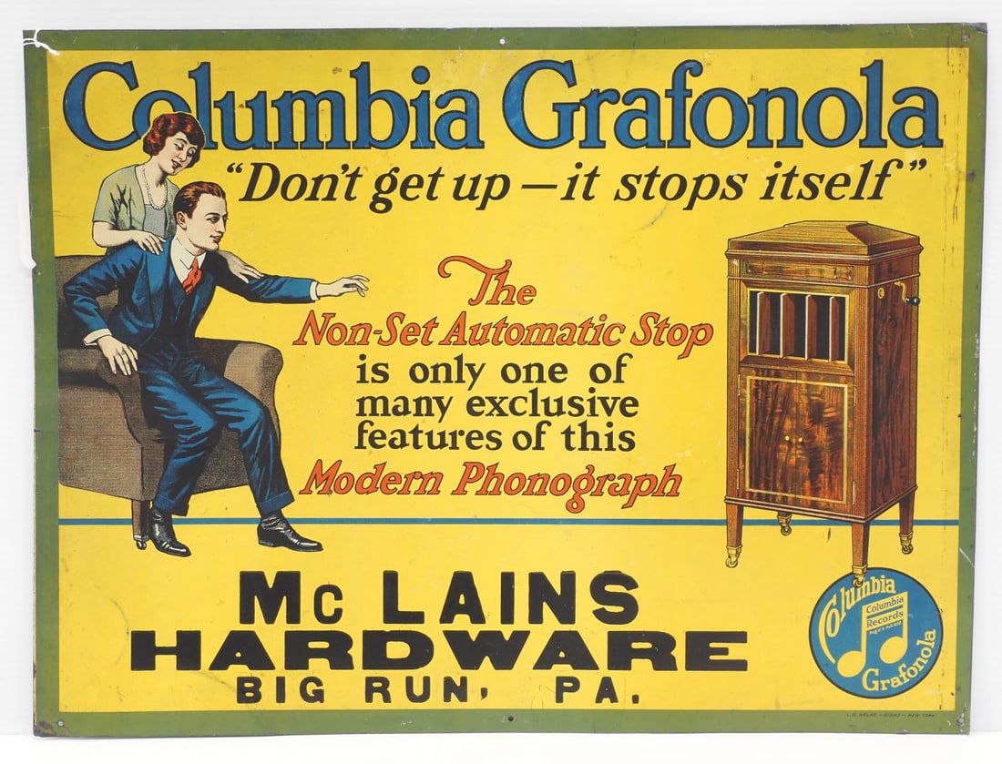 Columbia Grafonola dealer sign: 23.5"x18" SST Columbia Grafonola dealer sign for McLains Hardware, Big Run, PA with great color and graphics, marked L.D. Nelke Signs, New York - Good