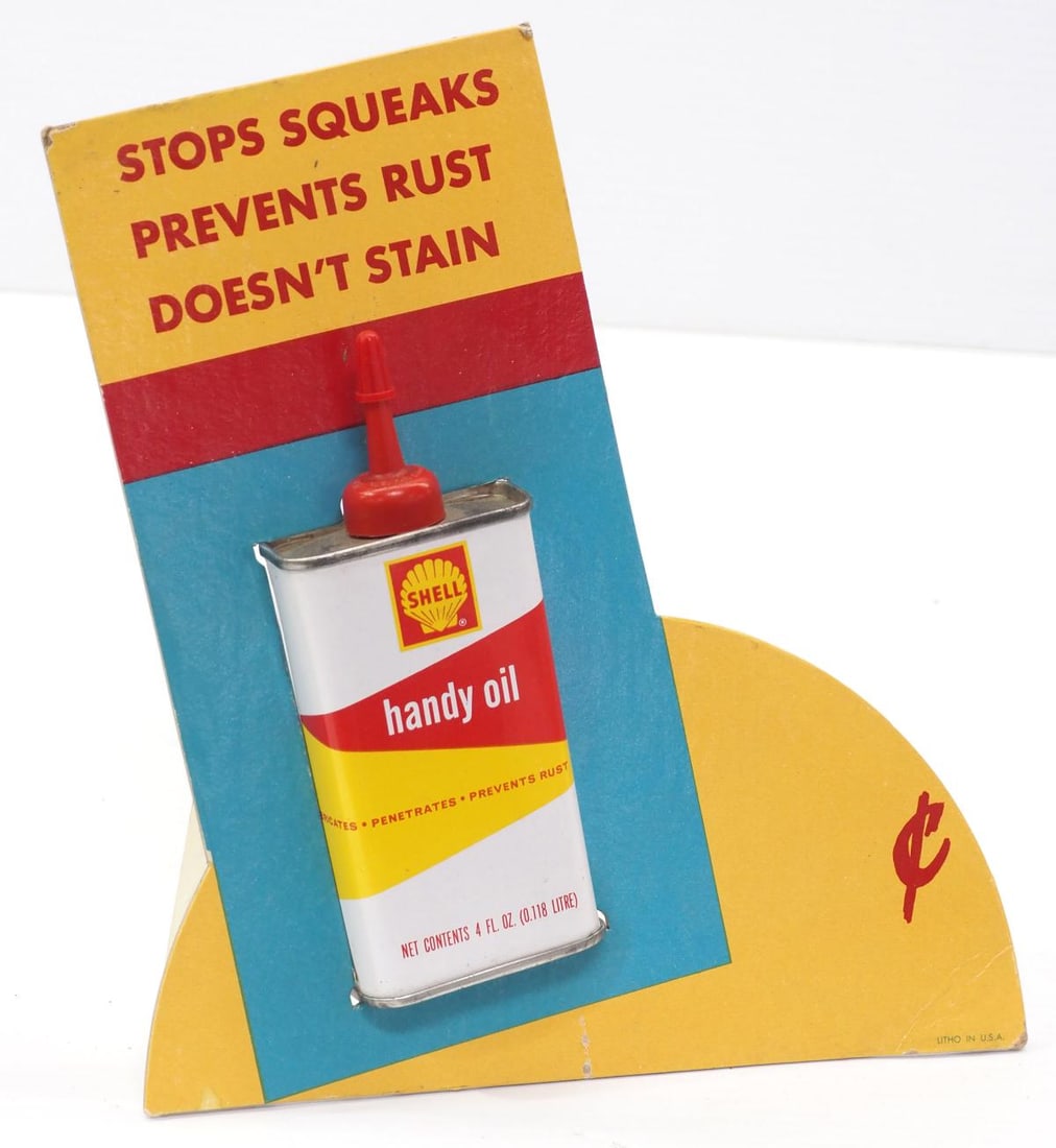 Shell Handy Oil cardboard stand-up display: Shell Handy Oil cardboard stand-up display with tin, 8"x9"H