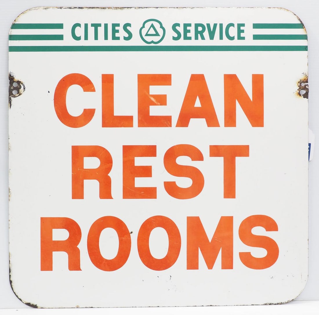Cities Service Clean Rest Rooms sign: 24"x24" DSP Cities Service Clean Rest Rooms sign, marked Veribrite - Good with some chips