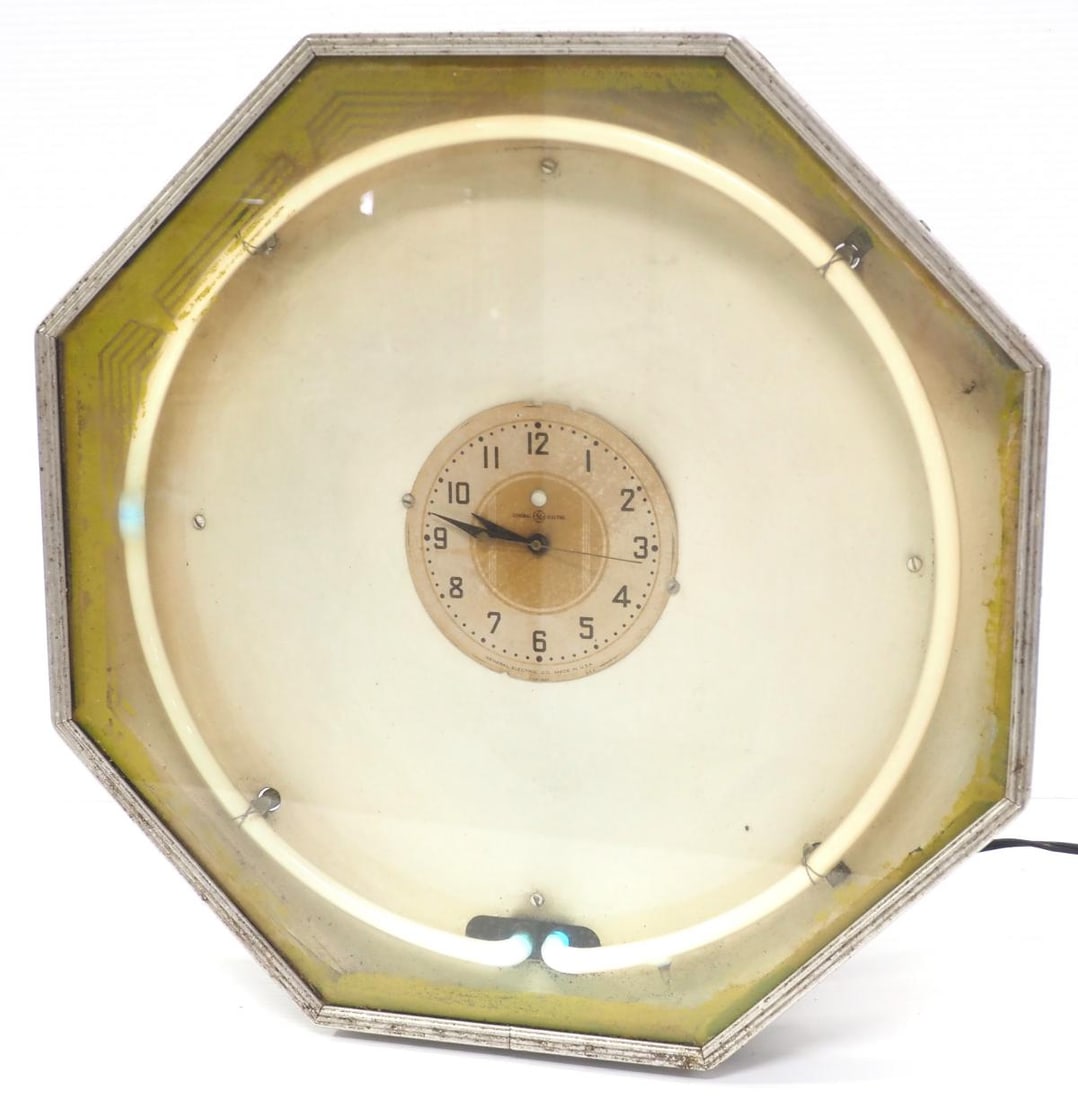 Neon clock with replaced smaller face: 18.5"dia. neon clock with replaced smaller face - Fair, works