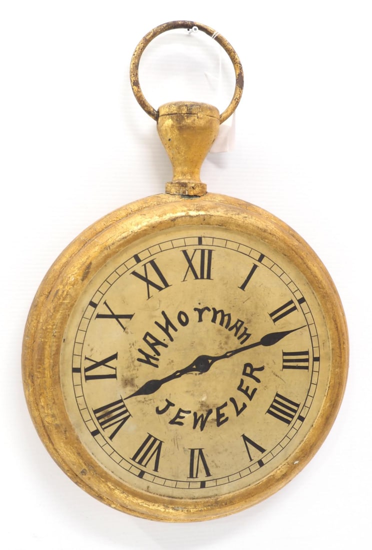 Wood pocket watch trade sign: 16.5"x24"H 2-sided solid wood pocket watch trade sign for H.A. Horman Jeweler - Good, 1 watch face side is coming loose a little