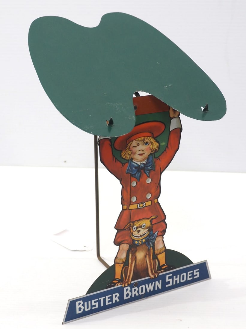 Buster Brown tin shoe display stand: Buster Brown tin shoe display stand with great color, 12.5"H - Very Good