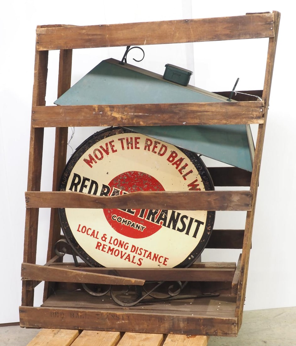 NOS Red Ball Transit lighted sign: NOS Red Ball Transit lighted sign in original crate, crate measures 32"x43" and has some stenciling - Fair, much paint flaking on both sides * * Item(s) not eligible for shipping, contact Chupp Auctio