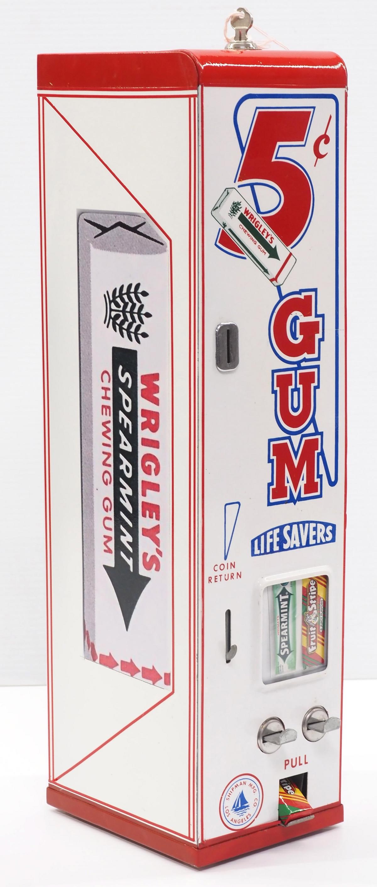 Wrigley's 5-cent gum dispenser with key: Wrigley's 5-cent gum dispenser with key, 5.5"x7"x21"H - Repainted
