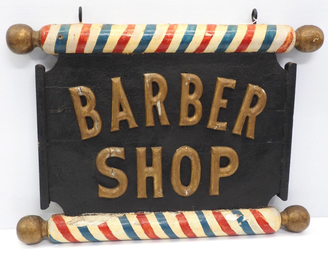 Barber Shop sign with great color: 30"x21" 2-sided wooden Barber Shop sign with great color - Very Good, some paint chipping on barber poles