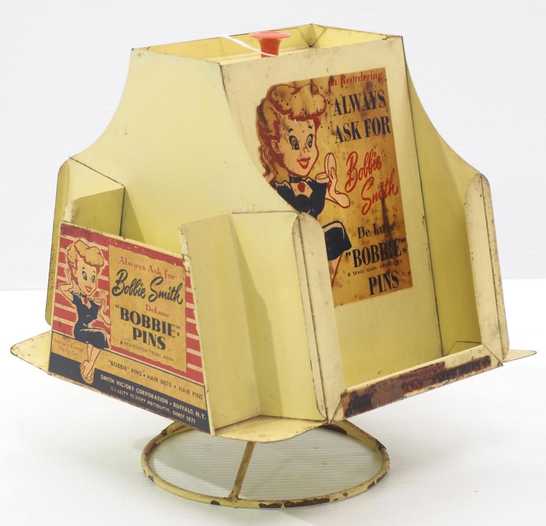 DeLuxe Bobbie Pins revolving store display: DeLuxe Bobbie Pins metal revolving store display, 9"x9"x11"H - Good