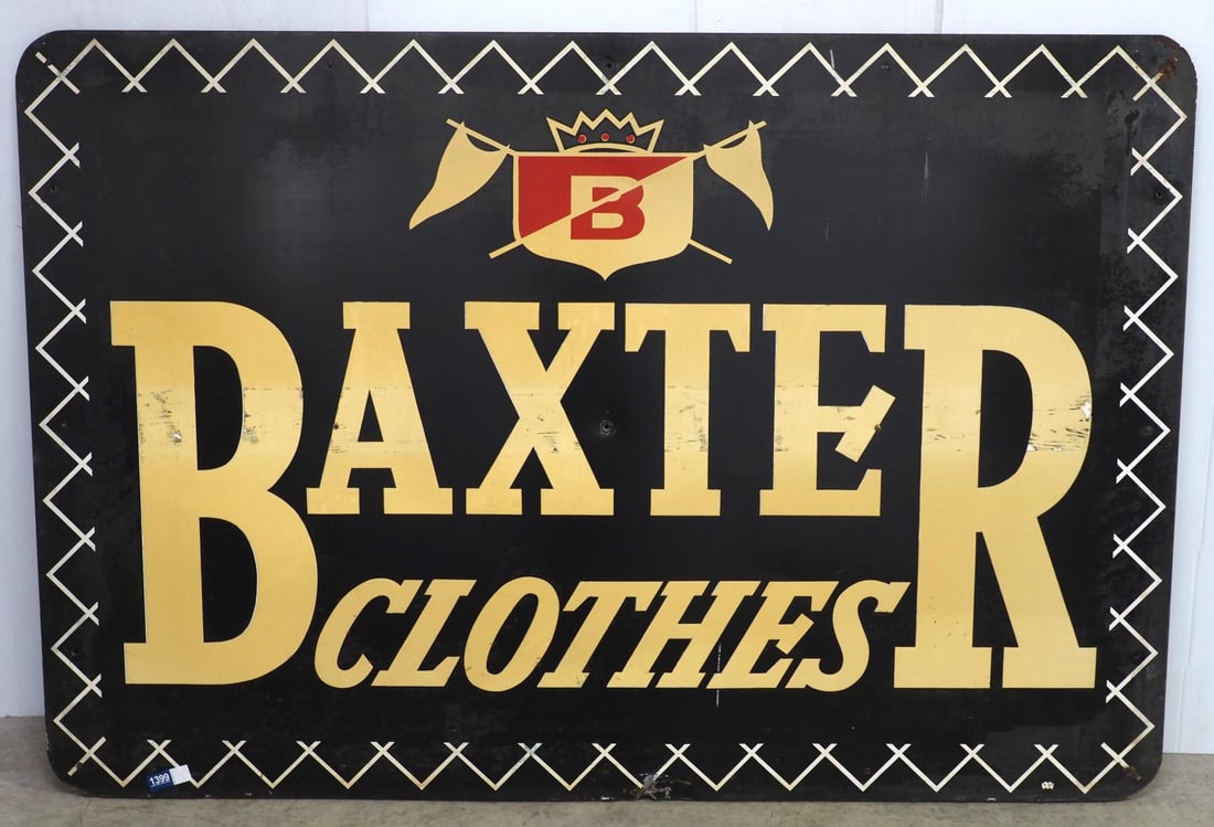 Baxter Clothes sign: 67.5"x45.5" SST Baxter Clothes sign with reflective gold letters and wood back frame - Good with paint wear and bottom center crinkle * * Item(s) not eligible for shipping, contact Chupp Auctions for