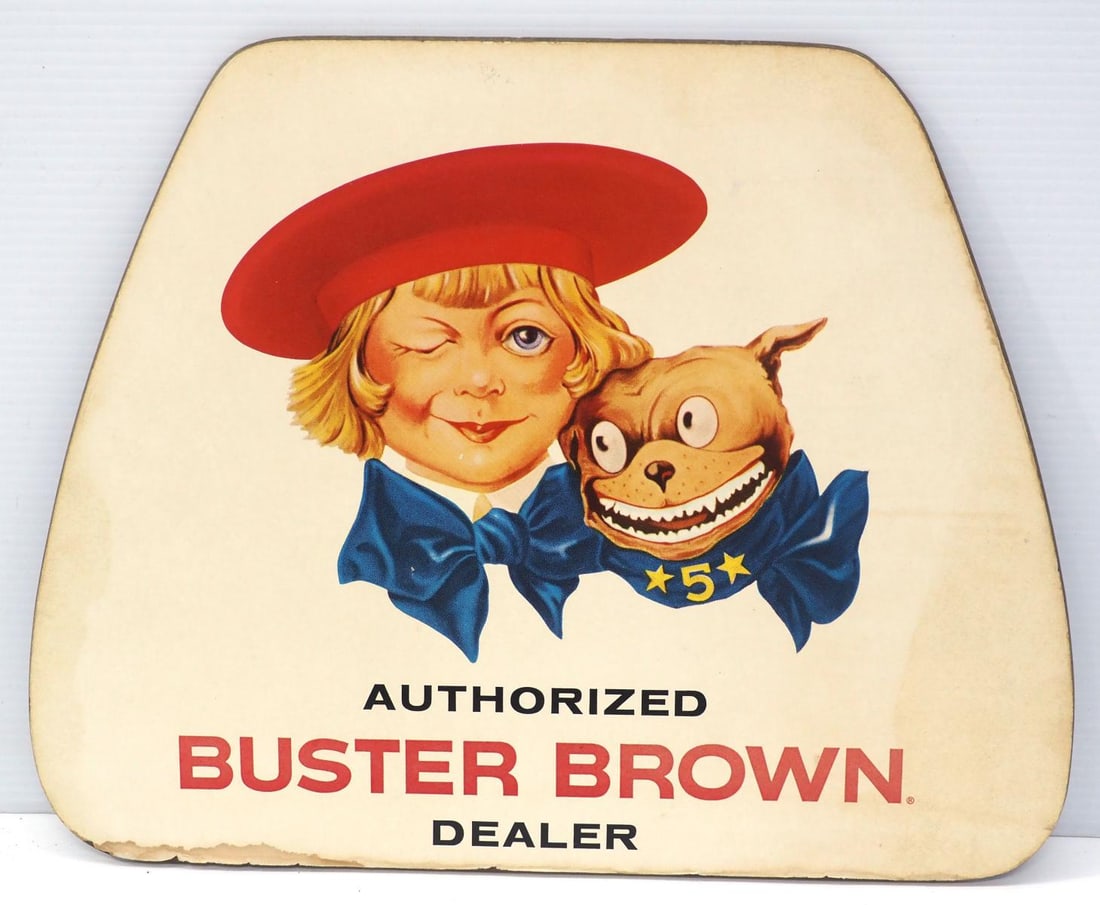 Buster Brown Authorized Dealer stand-up: 18"x14" 1-sided masonite Buster Brown Authorized Dealer countertop stand-up with great color - Good with water damage at bottom edge