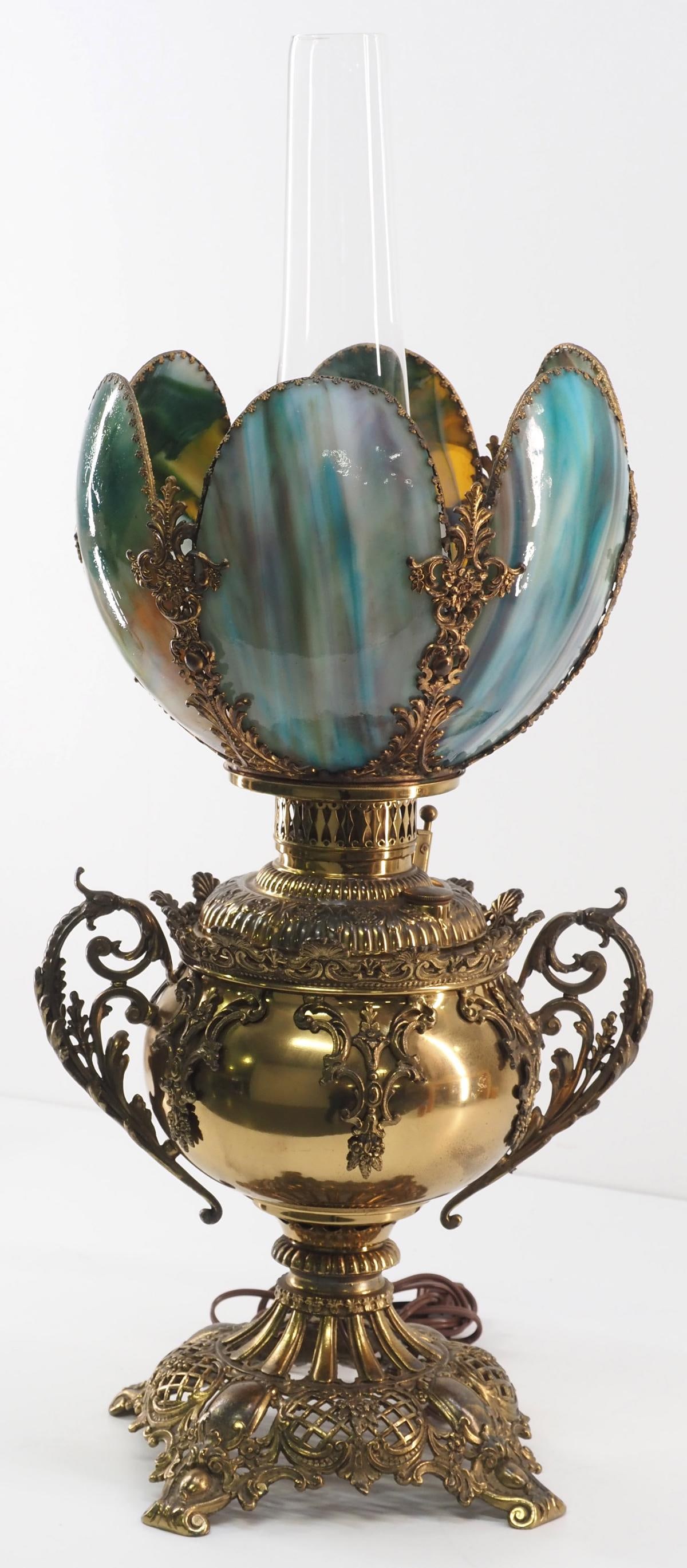 Bradley & Hubbard Slag Glass Banquet Lamp: Signed Bradley & Hubbard Polished Brass and Cast Banquet Lamp with a 6-Panel Slag Glass Shade with Brass Embellishments Condition NOTICE! VERY IMPORTANT! Chupp Auctions is pleased to issue an opin