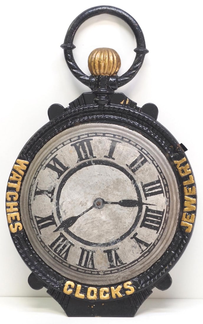 Pocketwatch Double-sided Trade Sign for Jewelry, Clocks, Watches: Early Double-Sided, Cast Iron and Tin-Faced Jeweler's Trade Sign, Very Heavy! - Some wear to paint Condition NOTICE! VERY IMPORTANT! Chupp Auctions is pleased to issue an opinion on any lot; the absen