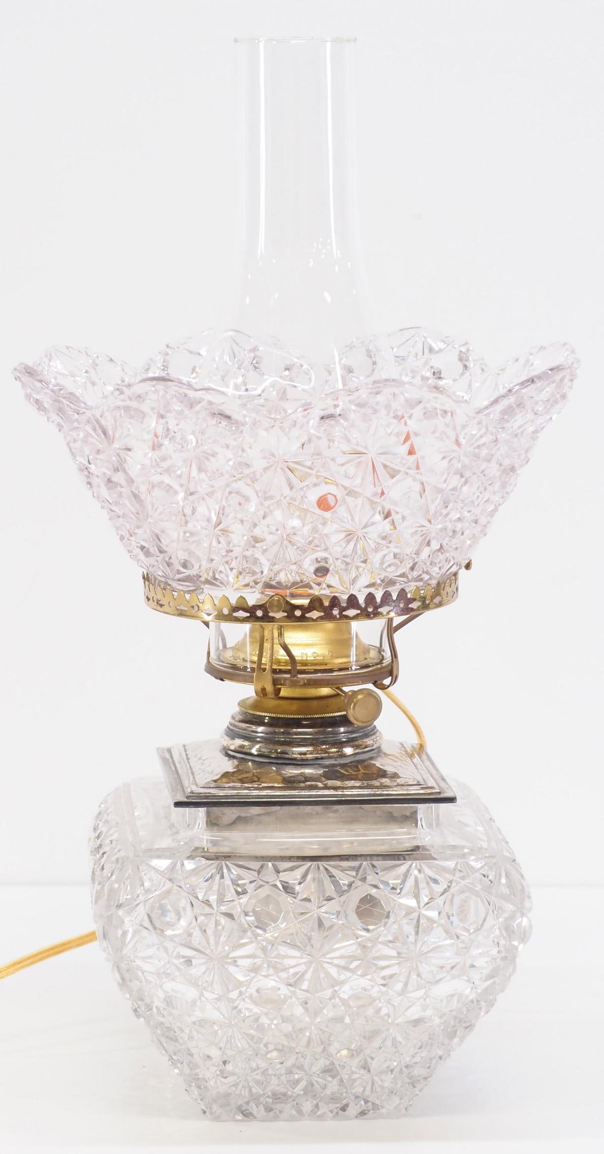 Electrified Cut-Glass Oil Lamp with EAPG Star and Button Shade: Electrified Cut-Glass Oil Lamp with EAPG Star and Button Shade, can go back to original oil Condition NOTICE! VERY IMPORTANT! Chupp Auctions is pleased to issue an opinion on any lot; the absence of a