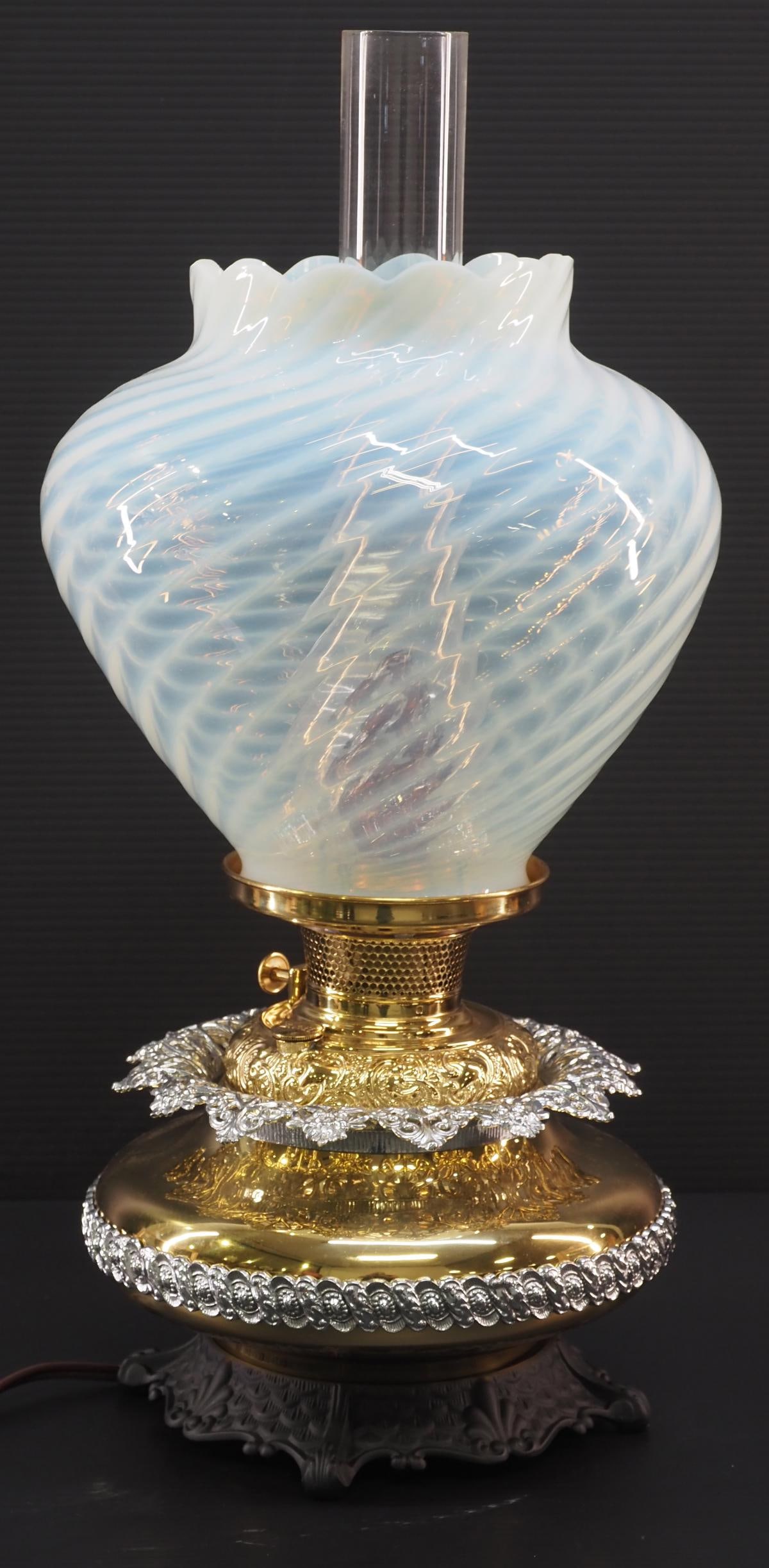 Bradley & Hubbard Signed Brass & Nickel Table Lamp: Bradley & Hubbard Signed Brass & Nickel Table Lamp with Ruffled Top Blue Opalescent Shade Condition NOTICE! VERY IMPORTANT! Chupp Auctions is pleased to issue an opinion on any lot; the absenc