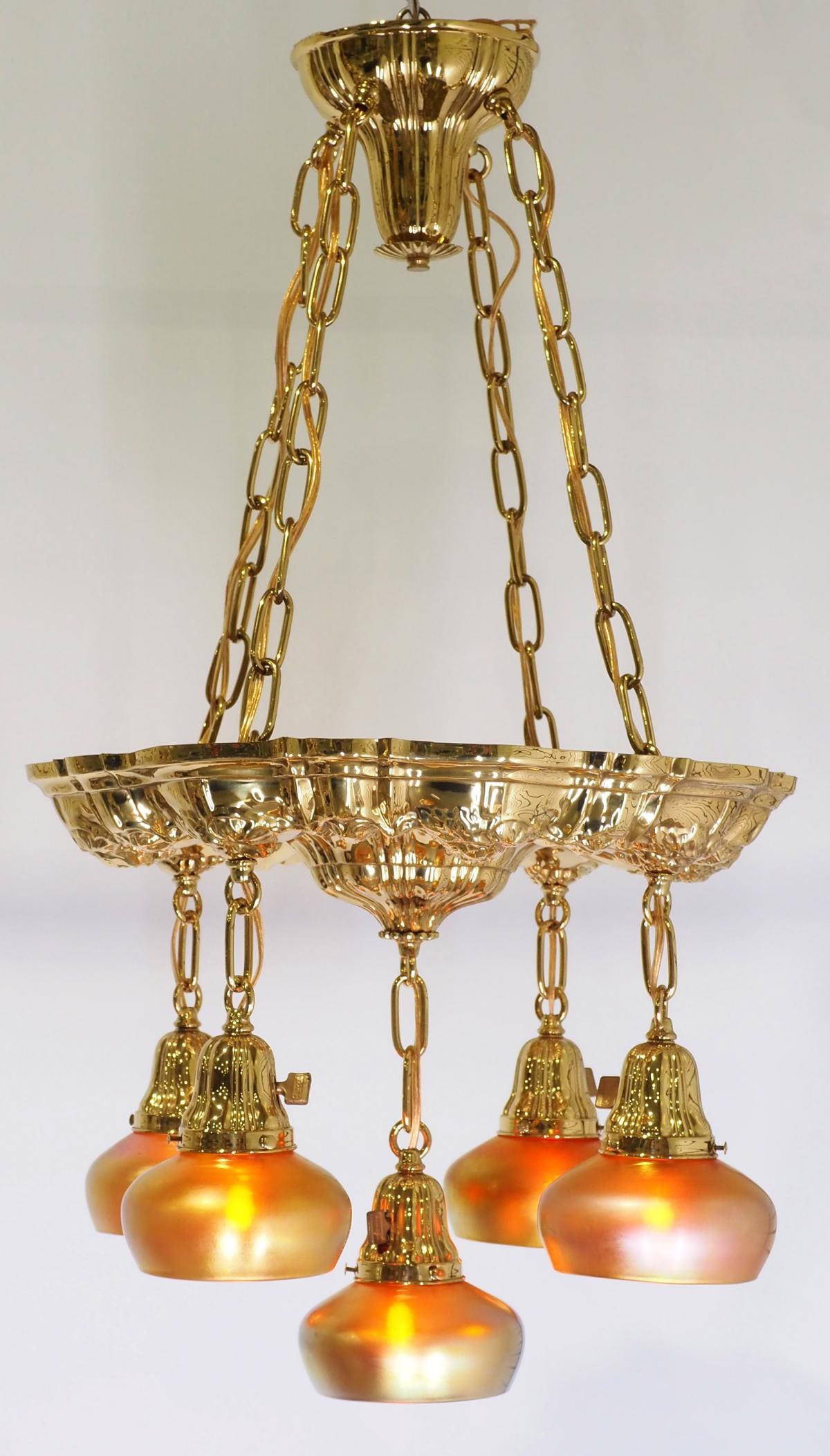 Hanging Victorian Light Fixture with 5 Steuben Art Glass Shades: Polished Brass Hanging Victorian Light Fixture with 5 Gold Aurene Signed Steuben Art Glass Shades, sockets signed Perkins Condition NOTICE! VERY IMPORTANT! Chupp Auctions is pleased to issue an opinio