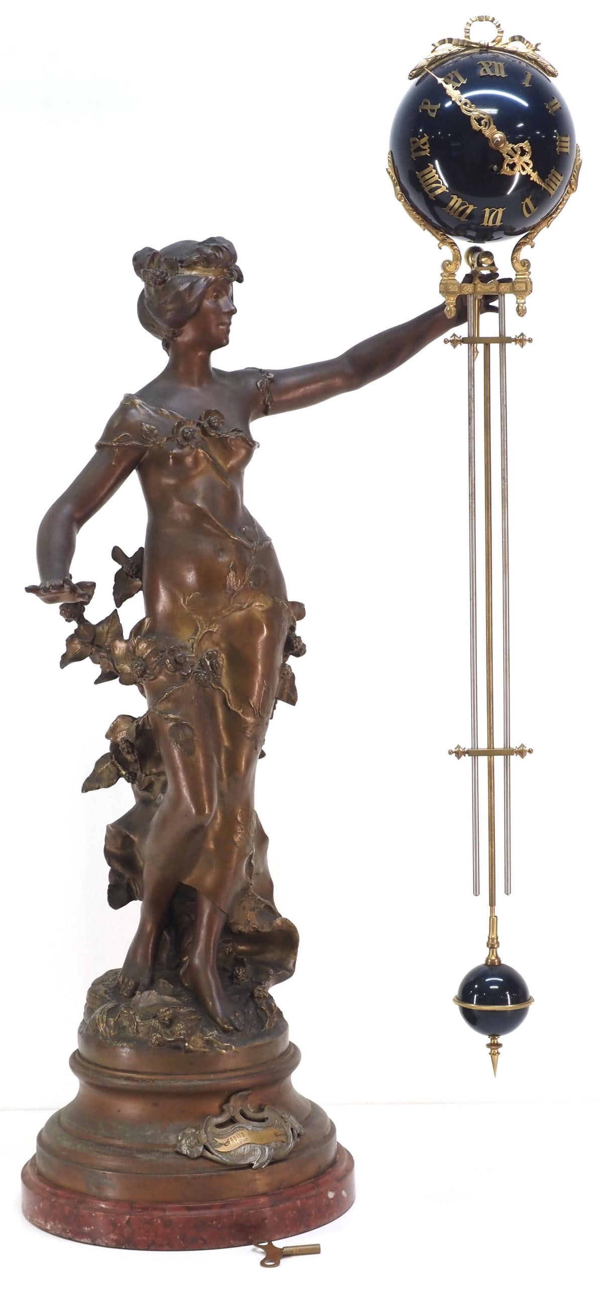 Large Moreau Figural French Swinging Mystery Clock: Large Figural French Swinging Mystery Clock on Stepped Marble Base with Plaque Marked "Fruits D'Automne Par Aug. Moreau" depicting a young woman in flowing dress with garland with 8-day swinging 3-rod