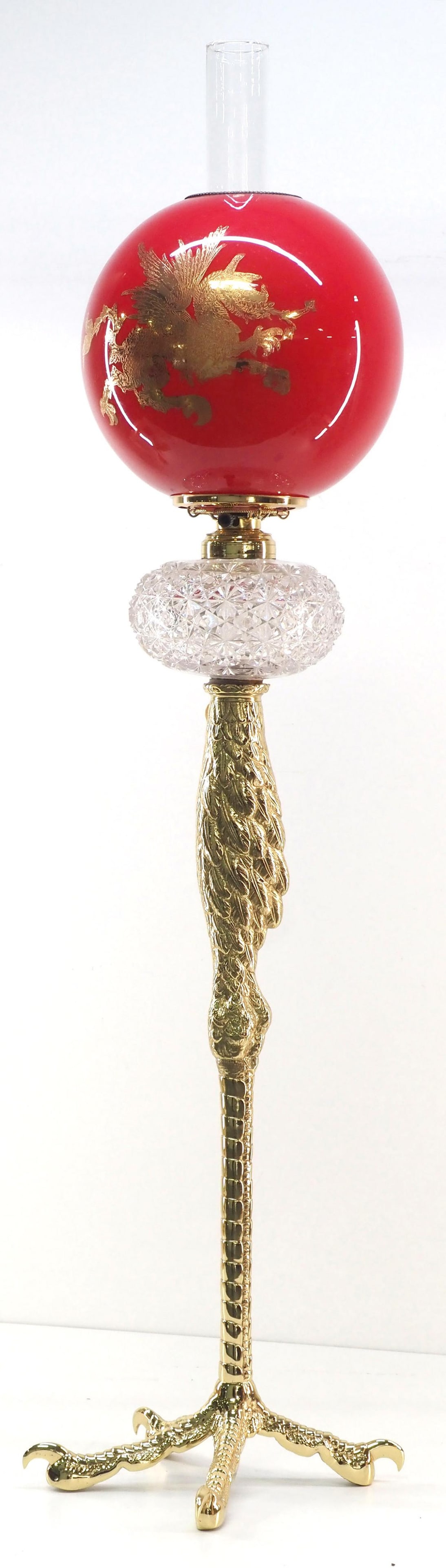 Guerin French Ostrich Leg Lamp with Red Cased Ball Globe: Pierre Emmanuel Guerin (1833-1911) French Ostrich Leg Lamp with Cut-Glass Font and Red Cased Ball Globe with Gold Overlay Dragon, can be returned to original oil Condition NOTICE! VERY IMPORTANT! Chup