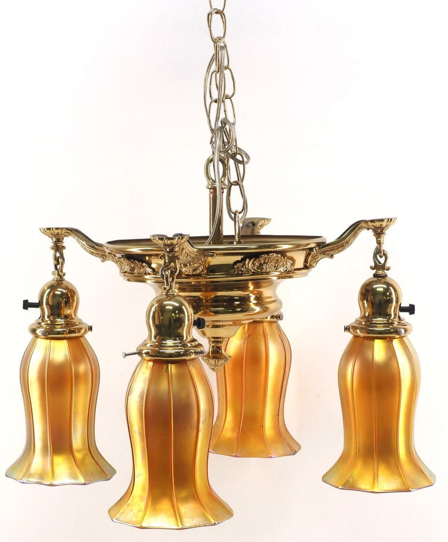 Brass Chandelier with 4 Signed Quezal Gold Aurene Shades: Brass Chandelier with 4 Signed Quezal Gold Aurene Shades Condition NOTICE! VERY IMPORTANT! Chupp Auctions is pleased to issue an opinion on any lot; the absence of a condition report does not indicate