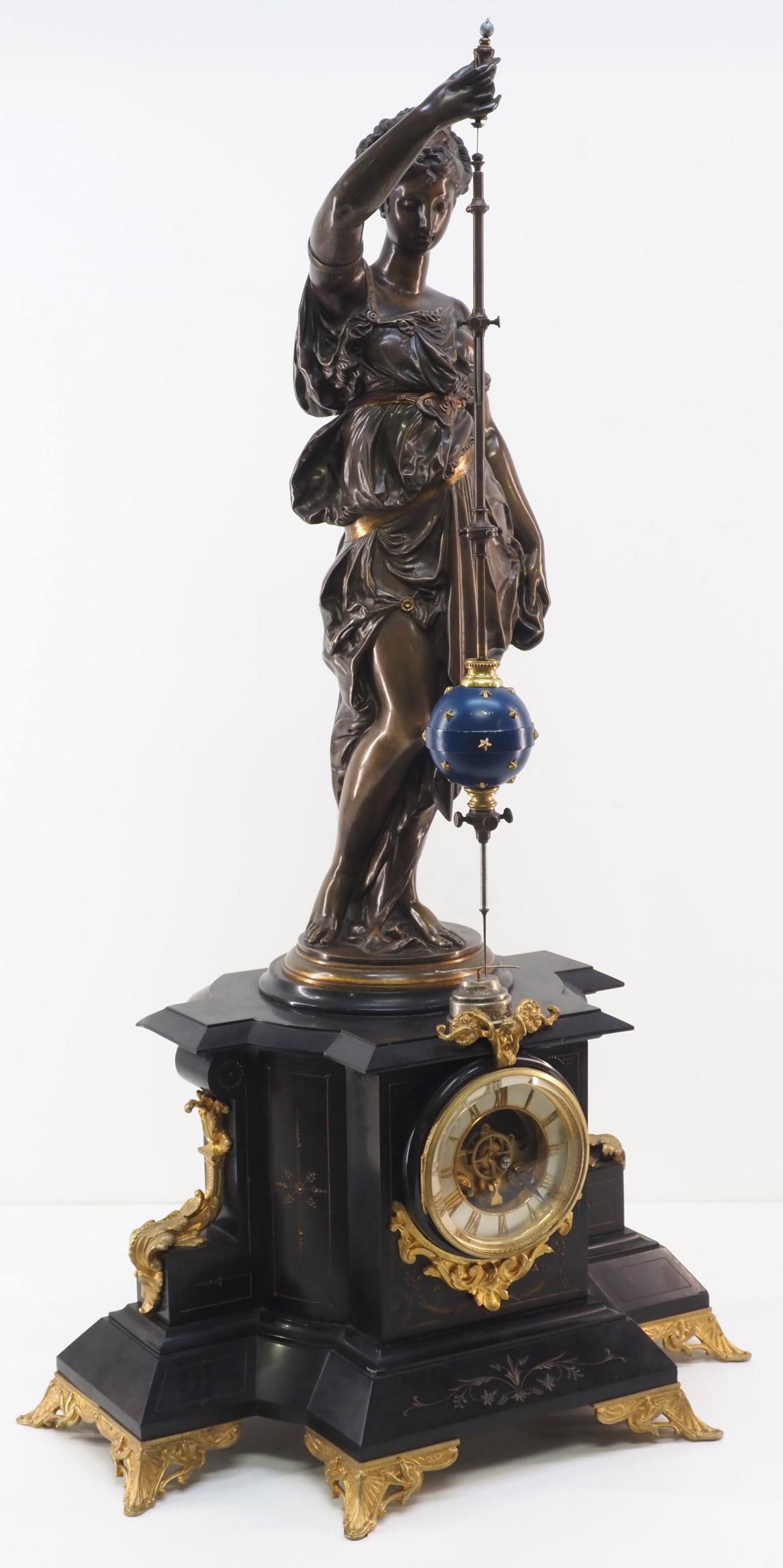 RARE Eugene Farcot Conical Pendulum Mystery Clock: RARE Eugene Farcot Mystery Clock of Urania, the Greek muse of Astronomy, with Conical Pendulum, in Black Slate Case, Skeletonized Movement with Engine-Turned Bezel, 8-Day Time and Strike, Marked with 