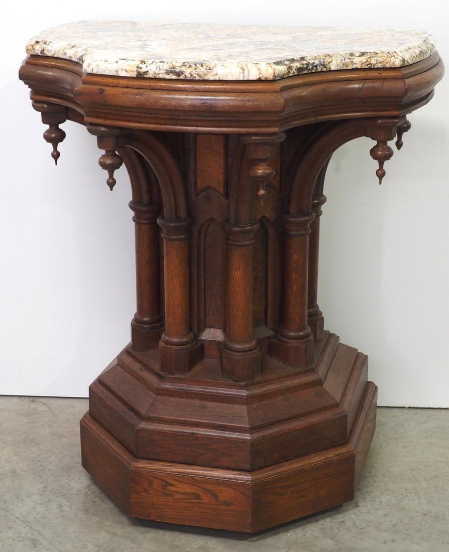 Victorian Gothic Revival Oak Altar Table: Victorian Gothic Revival Oak Altar Table with Custom Granite Top Condition NOTICE! VERY IMPORTANT! Chupp Auctions is pleased to issue an opinion on any lot; the absence of a condition report does not 