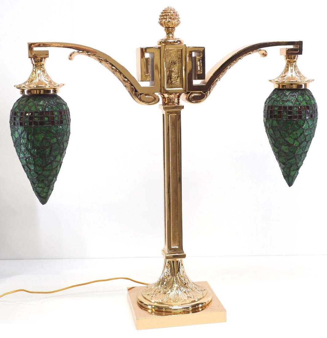 Cast Brass Double Arm Bankers Lamp with Emerald Acorn Shades: Cast Brass Double Arm Bankers Lamp with Tiffany-style Leaded Glass Emerald Acorn Conical Shades Condition NOTICE! VERY IMPORTANT! Chupp Auctions is pleased to issue an opinion on any lot; the absence 