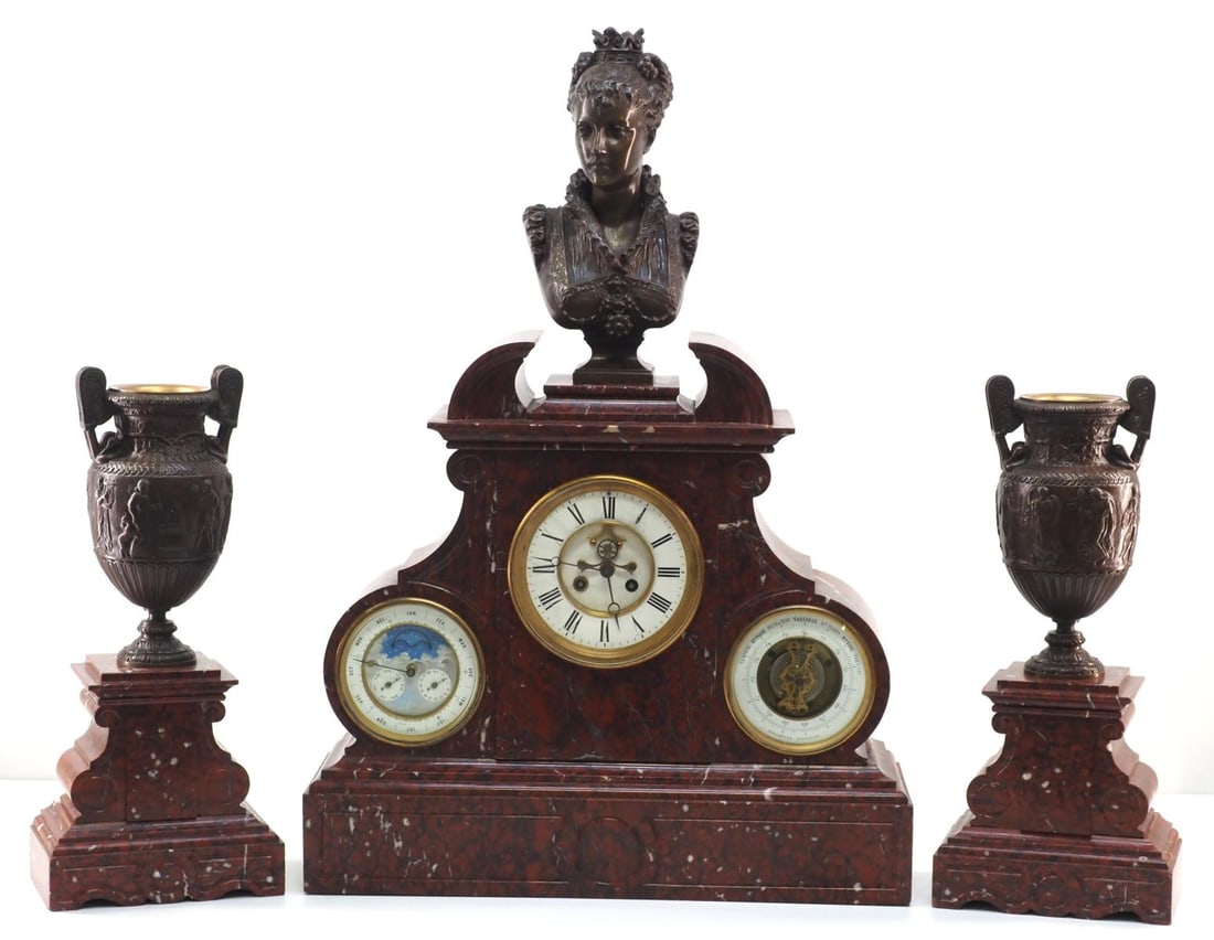 Fantastic French 3-piece Console Clock with Two Cassolettes: Fantastic French Bronze & Marble 19th Century 3-piece Console Clock with Two Cassolettes. Clock Crowned with a Figural Bronze Bust of Diana. French Dual Winding Open Escapement Clock, Barometer an