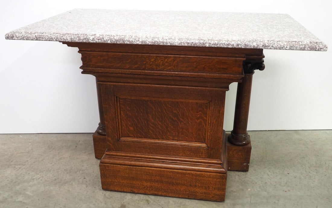 Period Quartersawn Oak Altar with Granite Top: Period Quartersawn Oak Altar with Doric-style Semi Columns and Custom Granite Top Condition NOTICE! VERY IMPORTANT! Chupp Auctions is pleased to issue an opinion on any lot; the absence of a condition