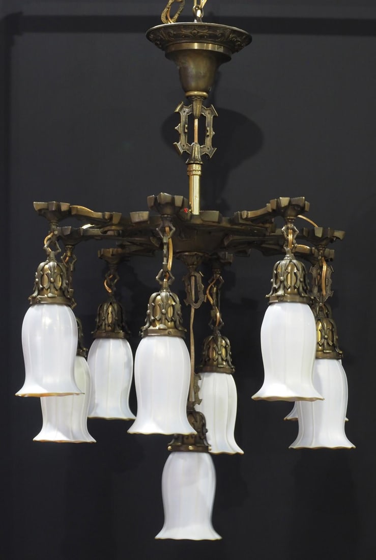 Fabulous Cast Brass French Gothic-style Chandelier with 9 Art Glass Shades: Fabulous Cast Brass French Gothic-style Chandelier with 9 Calcite over Gold Aurene Art Glass Shades Condition NOTICE! VERY IMPORTANT! Chupp Auctions is pleased to issue an opinion on any lot; the abse