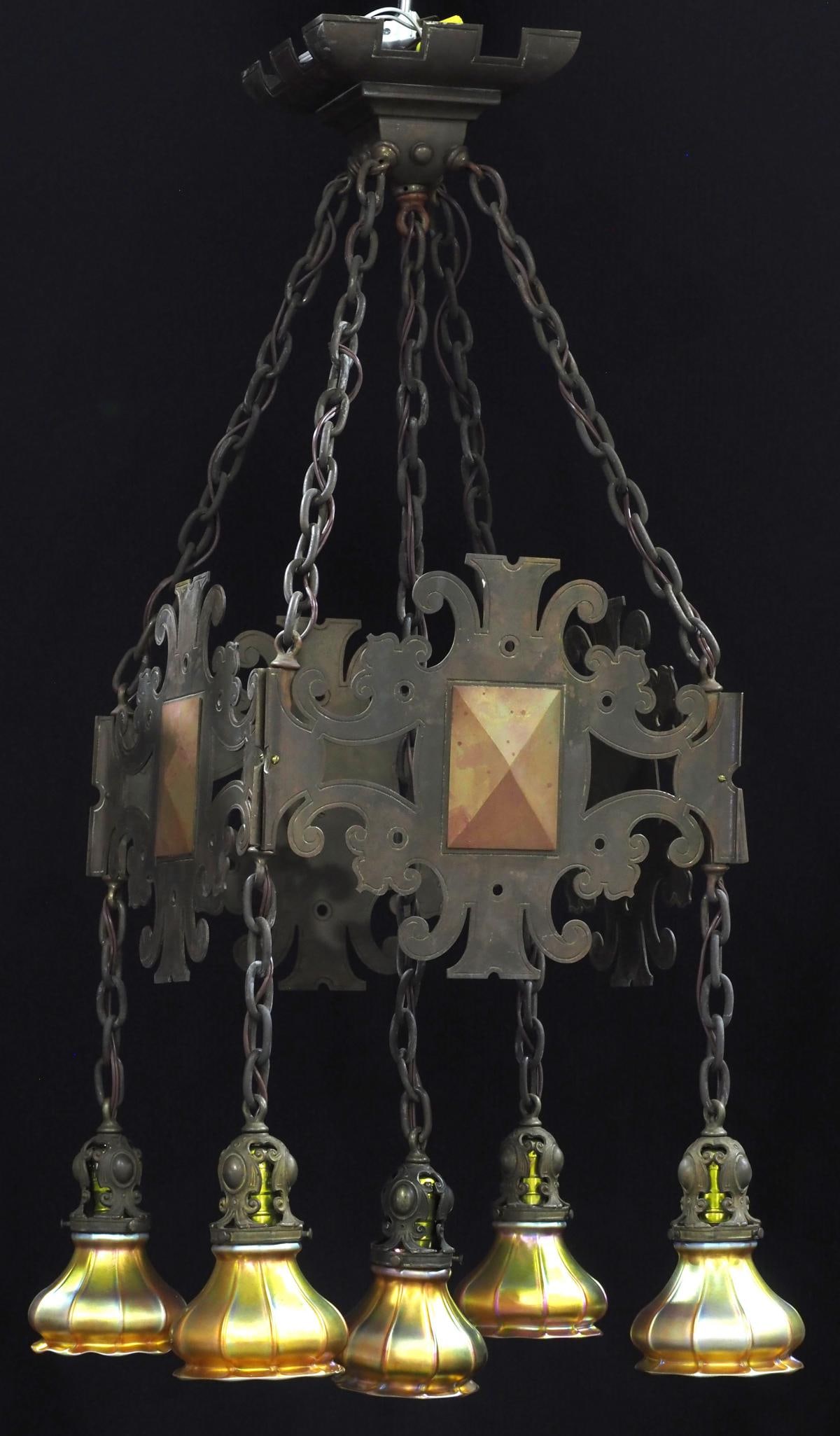 Amazing Brass Pendant Light Fixture with 5 Quezal Art Glass Shades (1 of 5)