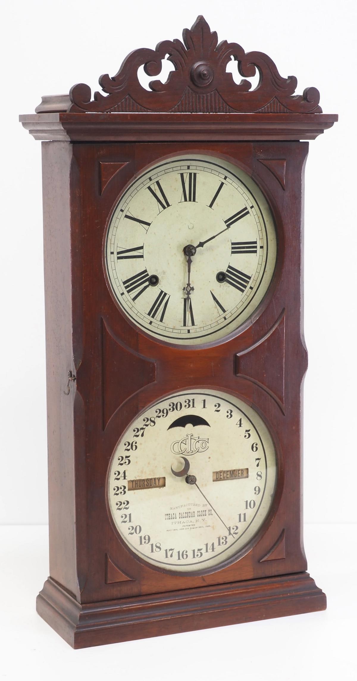 Farmers No.10 Double Dial Ithaca Calendar Clock: Farmers No.10 Double Dial Ithaca Calendar Clock in Walnut Case with 8-Day Time and Strike Movement Condition NOTICE! VERY IMPORTANT! Chupp Auctions is pleased to issue an opinion on any lot; the absen