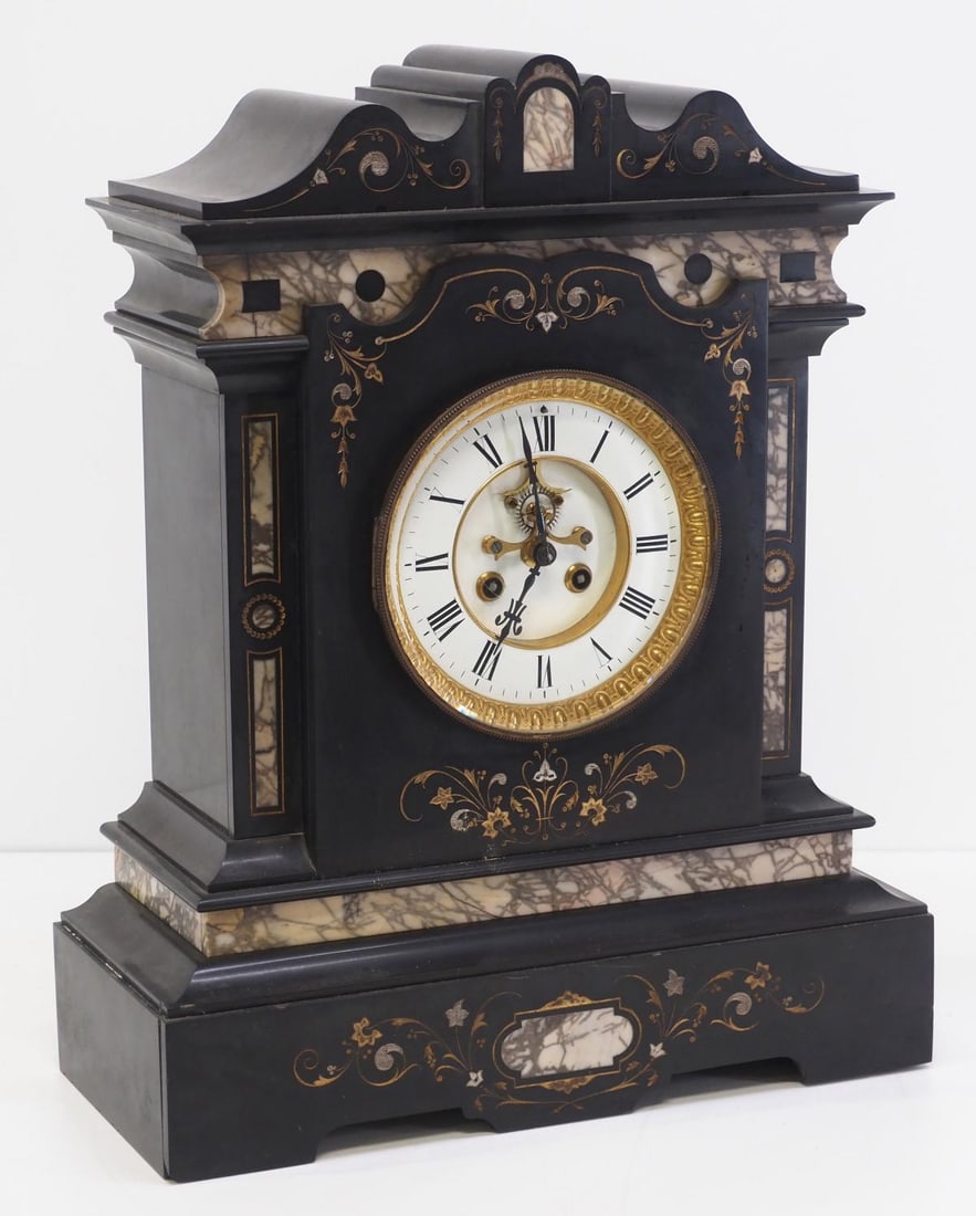 L. Marti Cie Medaille De Bronze Shelf Clock: French 19th Century L. Marti Cie Medaille De Bronze Open Escapement Shelf Clock with Slate & Marble Case and Inlaid Bell Flowers, works marked 470 Condition NOTICE! VERY IMPORTANT! Chupp Auctions 