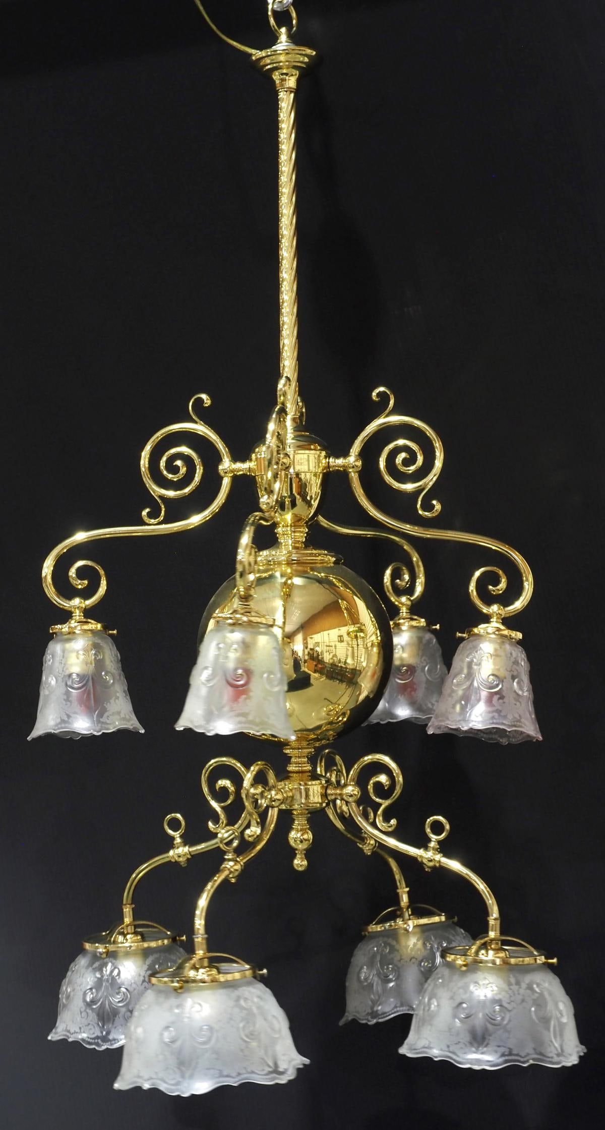 Large Polished Brass 2-Tier Chandelier with 8 Glass Electrolier Shades: Large Polished Brass 2-Tier Chandelier with 8 Frosted & Etched Glass Electrolier Matching Shades Condition NOTICE! VERY IMPORTANT! Chupp Auctions is pleased to issue an opinion on any lot; the absence