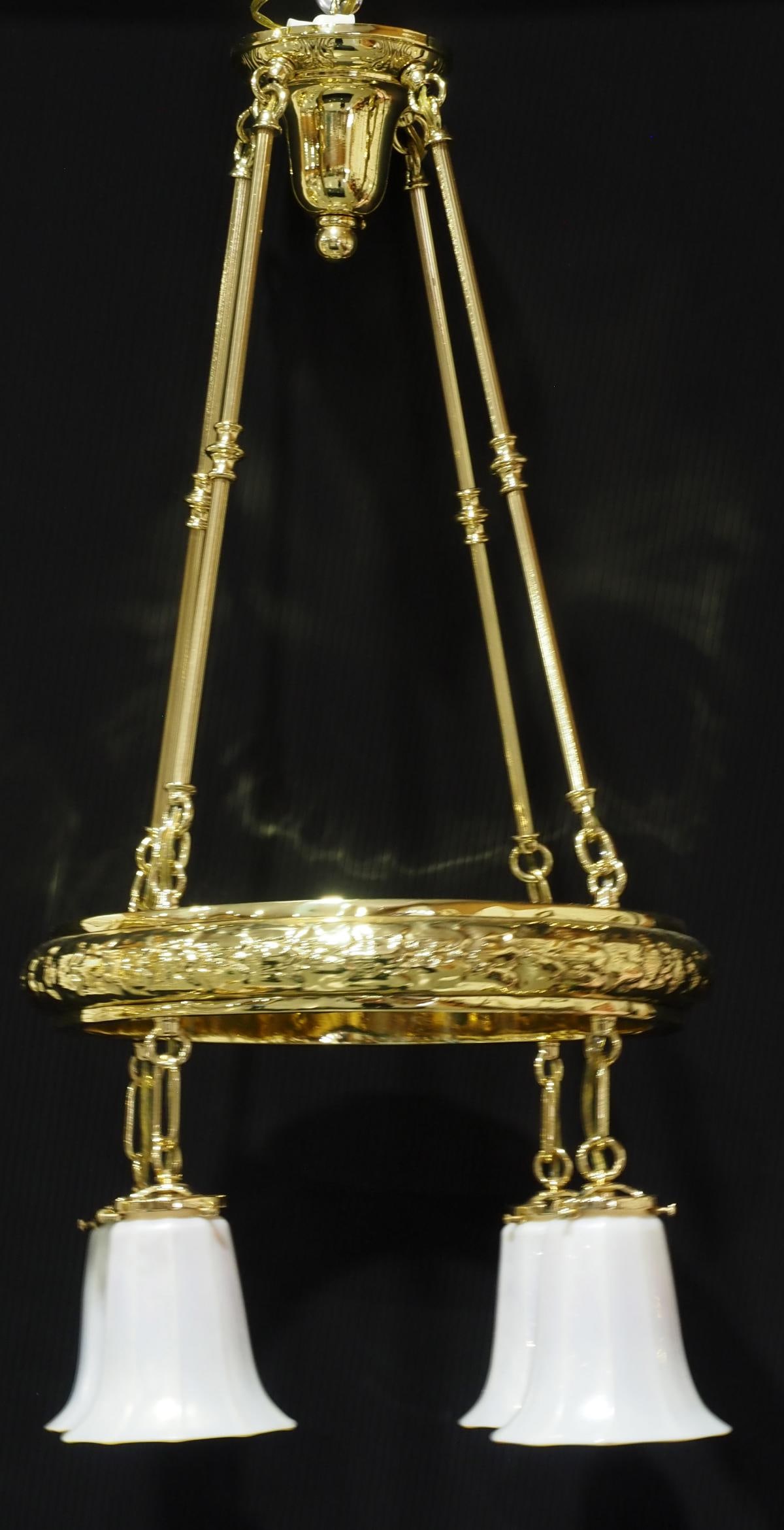 Arts & Crafts Polished Brass Chandelier with 4 Signed Steuben Glass Shades: Arts & Crafts Polished Brass Chandelier with 4 Signed Steuben Gold Aurene Calcite Glass Shades Condition NOTICE! VERY IMPORTANT! Chupp Auctions is pleased to issue an opinion on any lot; the absence o