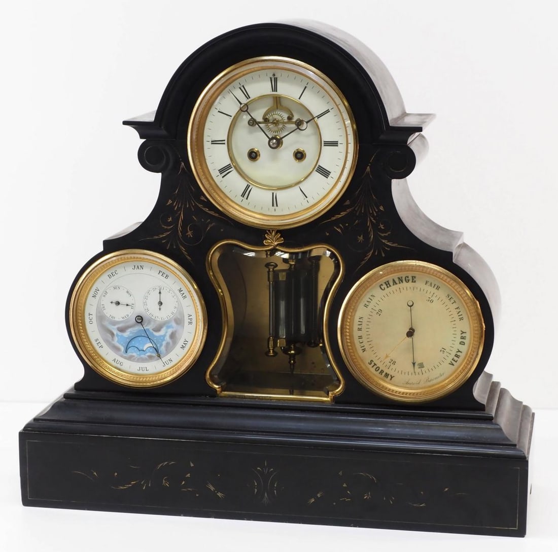 Quality French Perpetual Calendar Open Escapement Clock: Quality French Perpetual Calendar Open Escapement Clock in Black Slate Case with 8-Day Time & Strike Movement, Moon Phase, Barometer and Mercury Double Vial Pendulum, attributed to L. Marti & 