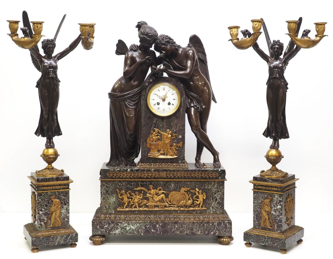 Fabulous Empire French Garniture Marble & Bronze Figural Mantle Clock Console Set: Fabulous Empire French Garniture Marble & Bronze Figural Mantle Clock Console Set, Circa 1815. Verde Antico Marble and with hand-chastened bronze and gold figures depicting Amor and Psyche holding