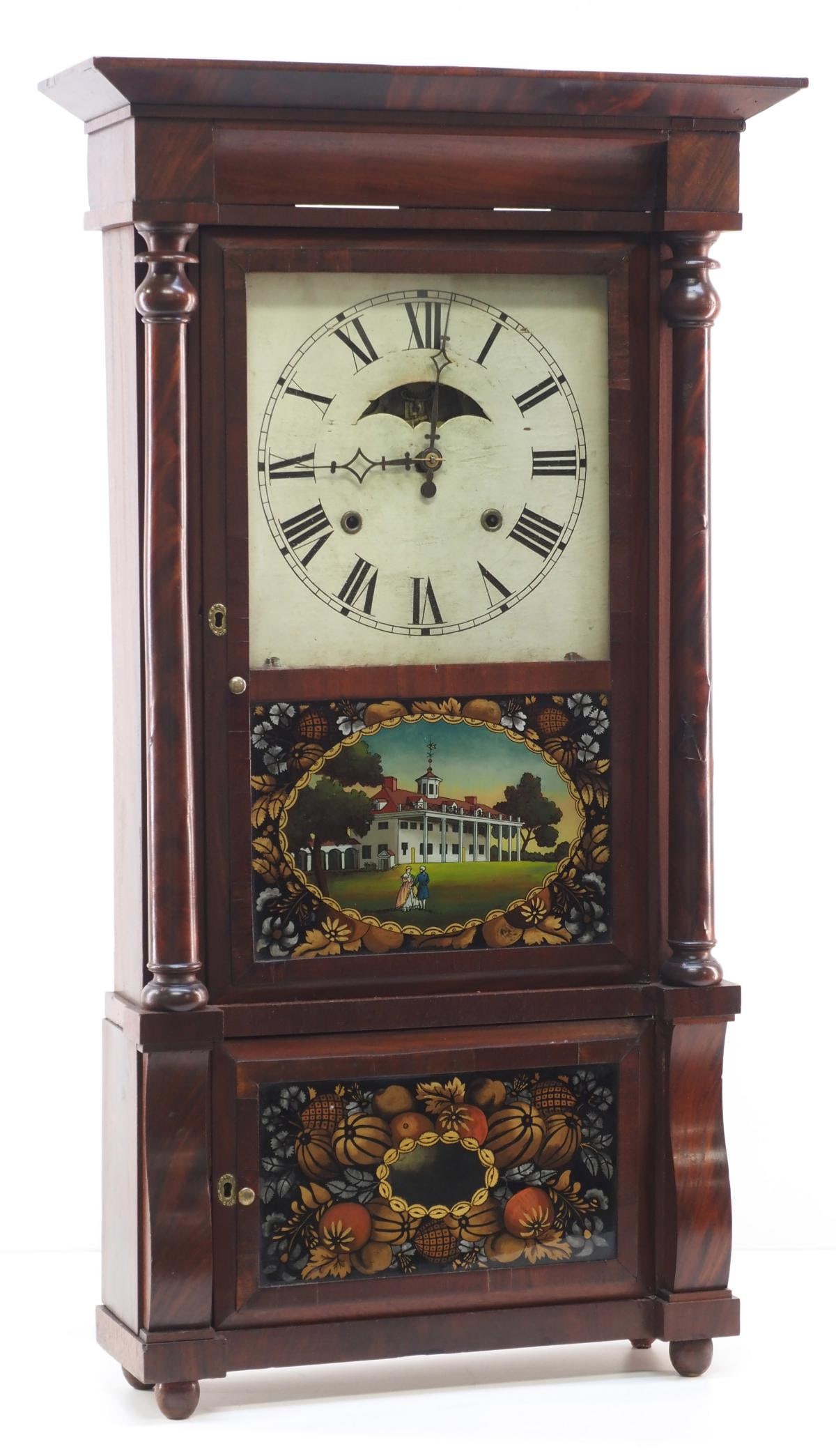 Super Birge, Mallory & Co. 8-Day Triple Decker Mantle Clock: Super Birge, Mallory & Co. 8-Day Triple Decker Mantle Clock with Mahogany Empire Wood Case, Veneered Columns and Reverse Painted Glass Doors, paper label inside is intact! Condition NOTICE! VERY I