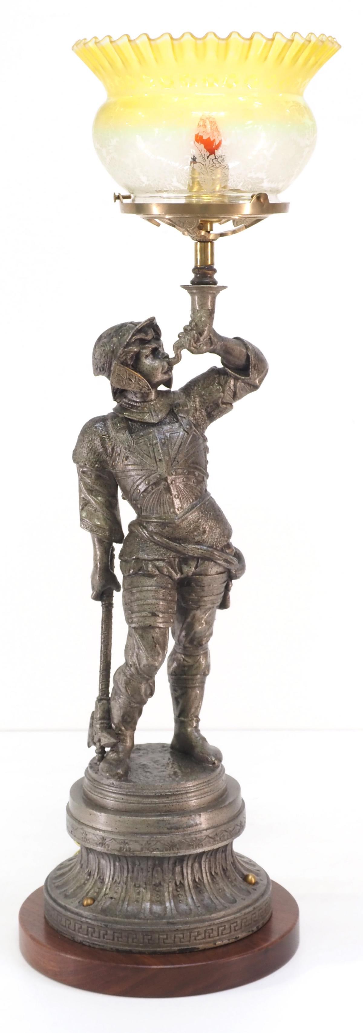 19th Century Patinaed Spelter Cavalier Newel Post Lamp: 19th Century Patinaed Spelter Cavalier Electrified Gas Newel Post Lamp with Yellow to Frosted Ripple Top Etched Shade, Attributed to Cornelius & Baker Condition NOTICE! VERY IMPORTANT! Chupp Aucti