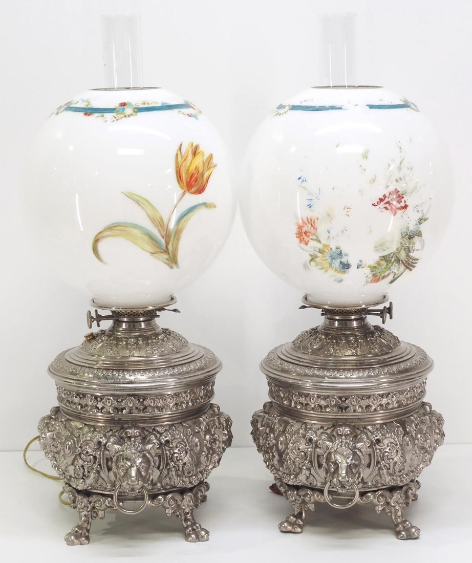 Oversized Pair of Elaborate Victorian-style Parlor Lamps: Oversized Pair of Elaborate Victorian-style Polished Nickel Electrified Kerosene Parlor Lamps with Lion Heads & Paw Feet and White Hand-Painted Globes Condition NOTICE! VERY IMPORTANT! Chupp Auctions 
