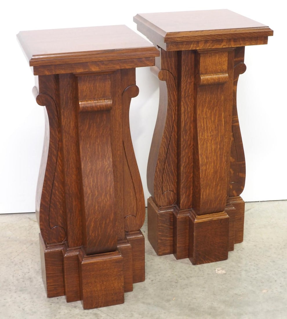 Matched Pair of Quartersawn Oak Empire Pedestal Stands: Matched Pair of Quartersawn Oak Empire Pedestal Stands Condition NOTICE! VERY IMPORTANT! Chupp Auctions is pleased to issue an opinion on any lot; the absence of a condition report does not indicate t
