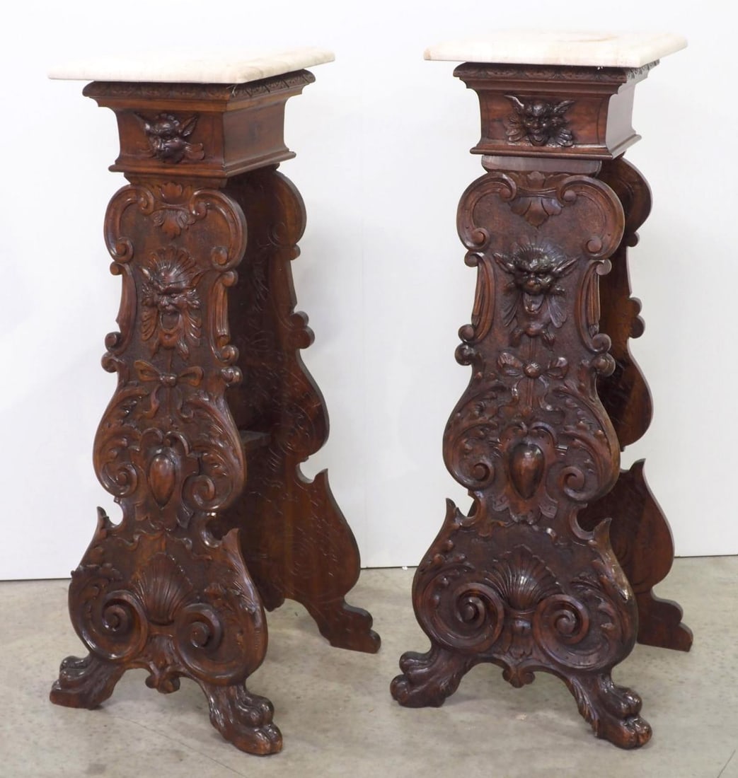 Matched Pair of Italian Renaissance Revival Carved Walnut Pedestal Stands: Matched Pair of Italian Renaissance Revival Carved Walnut Pedestal Stands with Paw Feet & Custom Granite Tops Condition NOTICE! VERY IMPORTANT! Chupp Auctions is pleased to issue an opinion on any lot