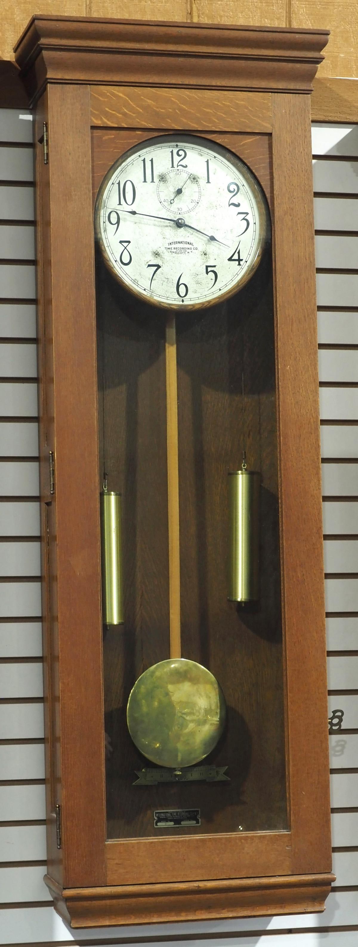 International Time Recording Co. of NY Oak Master Wall Clock: International Time Recording Co. of NY Oak Master Wall Clock with Oak Dial Surround, Beat Scale, 2 Brass Weights and Pendulum Condition NOTICE! VERY IMPORTANT! Chupp Auctions is pleased to issue an op