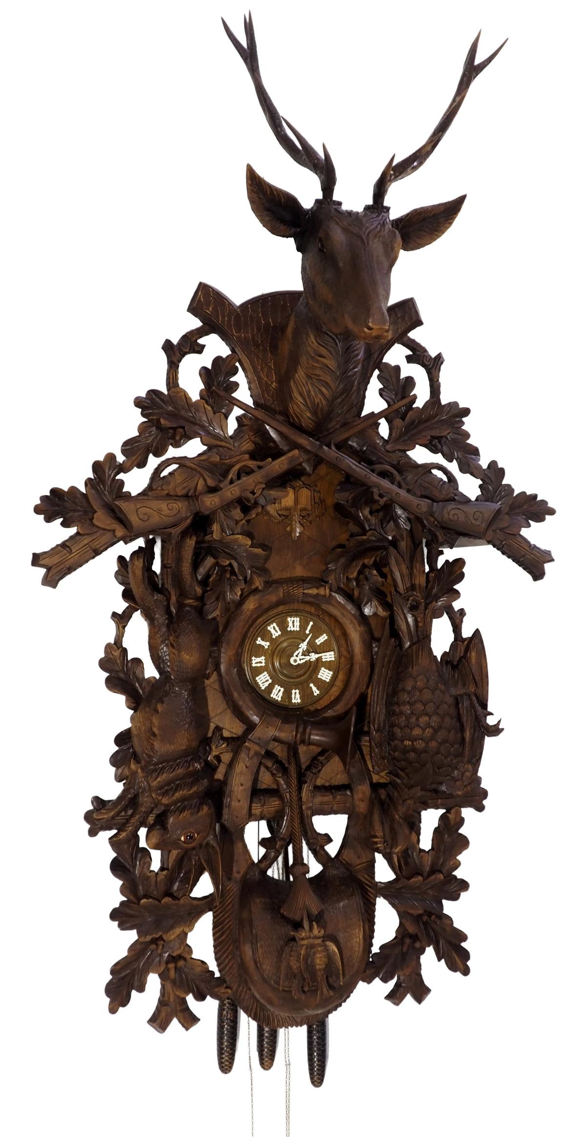 Monumental 6'6' Tall Black Forest Heavily Carved Game Cuckoo Clock (1 of 9)