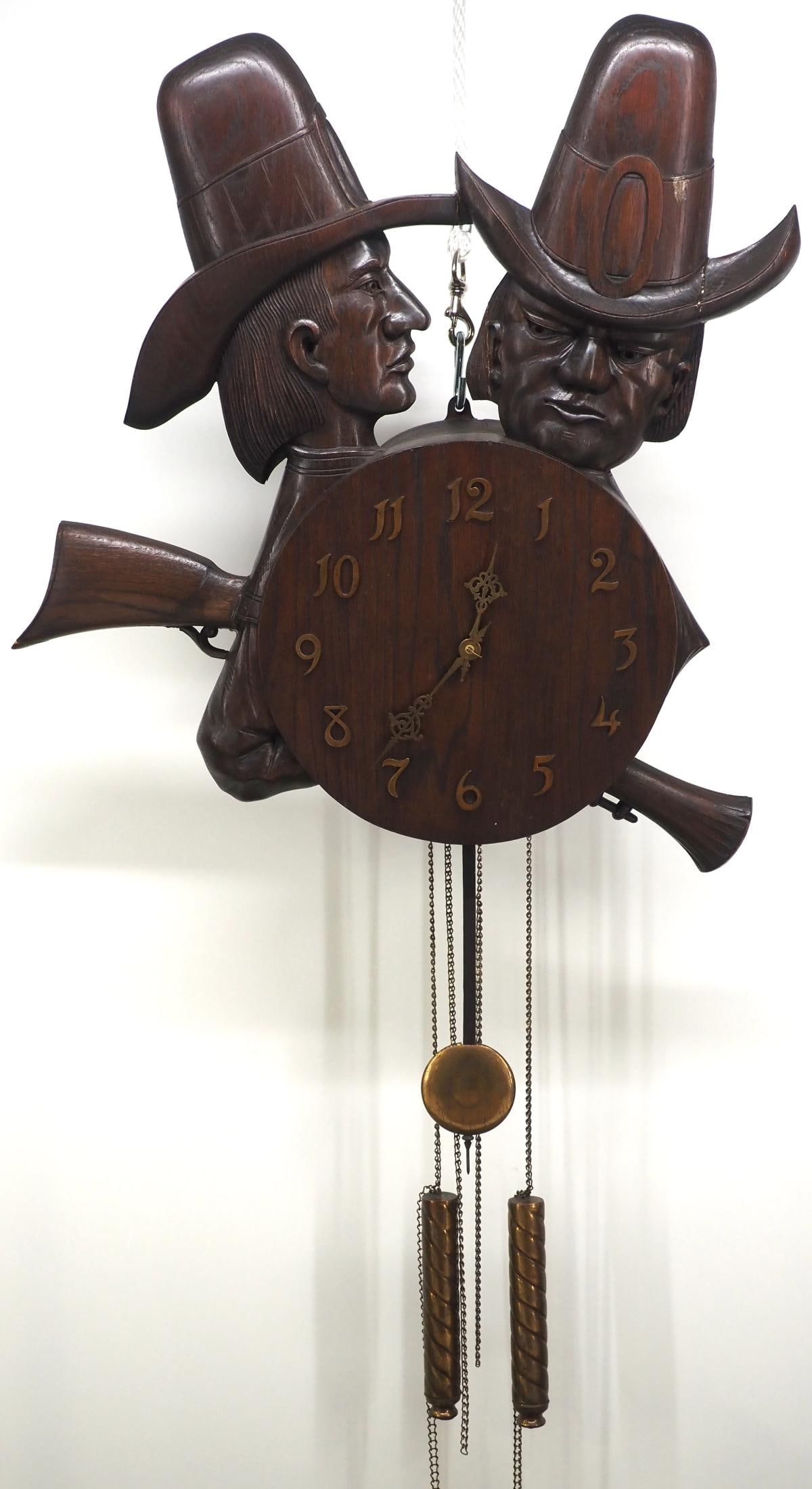 RARE Waterbury Clock Co. Carved Figural Pilgrims Wall Clock (1 of 5)