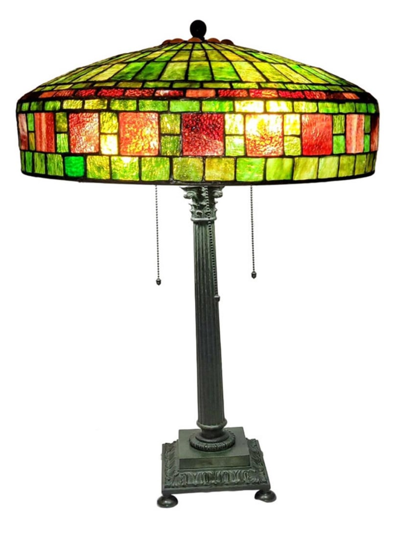 Oversized Wilkinson-style Leaded Glass Table Lamp: Oversized Wilkinson-style Leaded Glass Table Lamp with Verde Green Triple Socket Base with Acorn Pulls Condition NOTICE! VERY IMPORTANT! Chupp Auctions is pleased to issue an opinion on any lot; the a